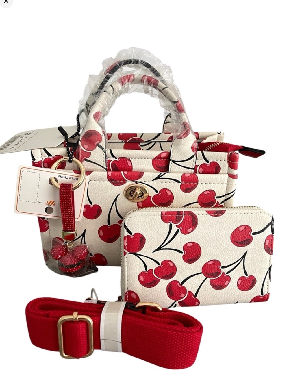 Cherry Print Satchel Handbag with Matching Wallet - Red on Cream